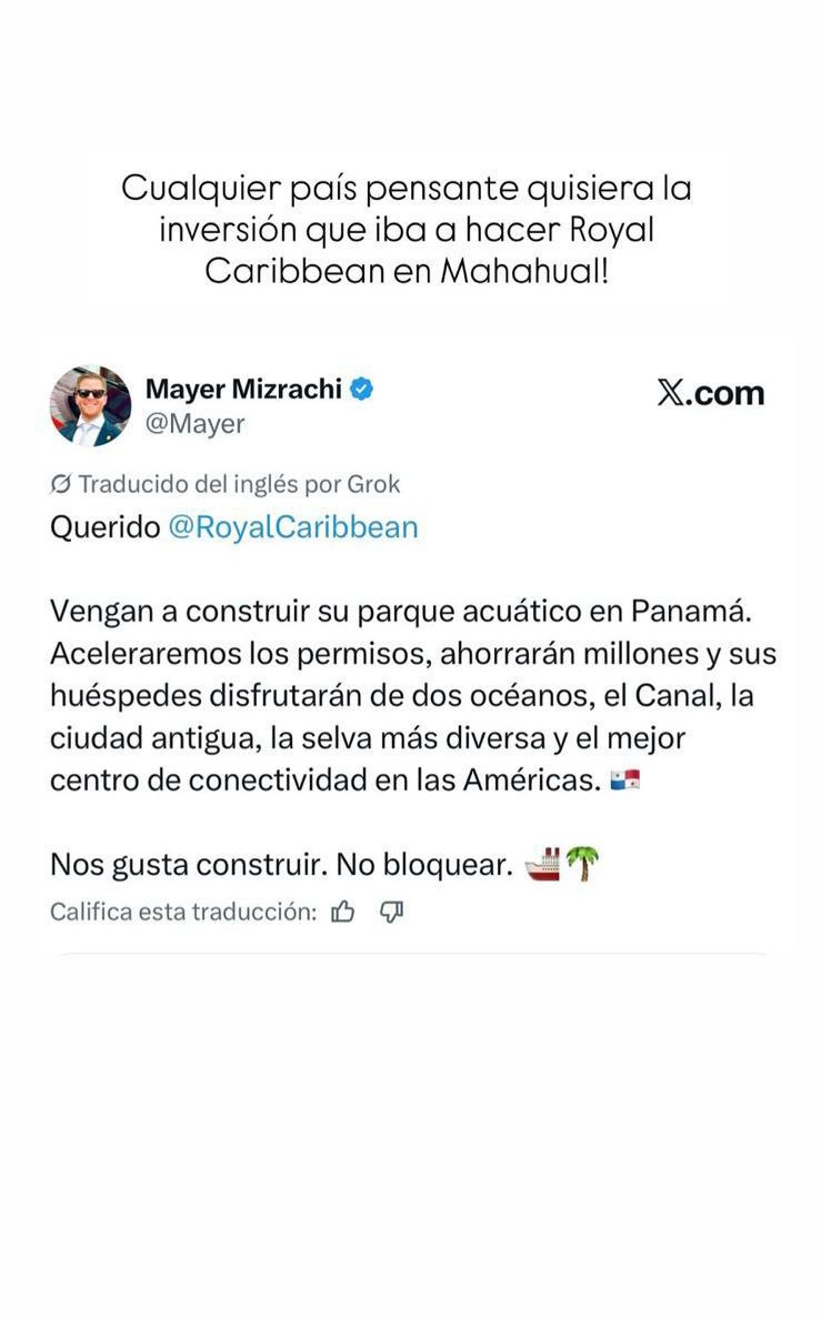 Tweet del alcalde de Panamá invitando a Royal Caribbean tras la negativa en Mahahual